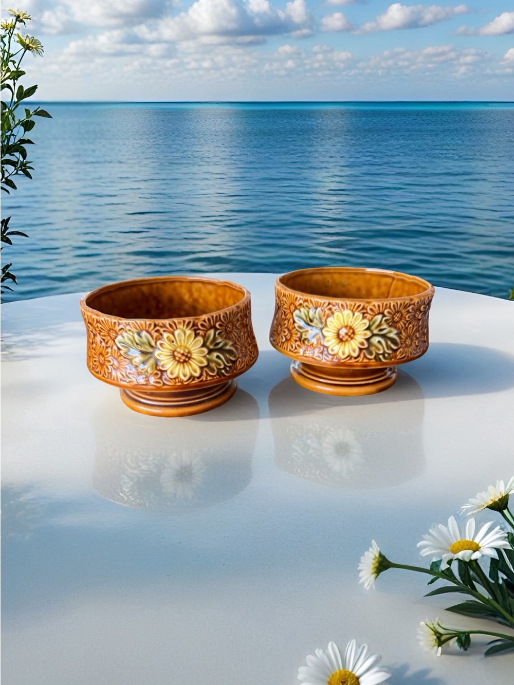 Two Vintage Pedestal Planter Bowls Brown Ceramic Yellow Sunflower Mid-Century
